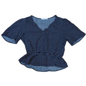 Elodie Short Sleeve Polka Dot Peplum Crop Top Navy Blue White Size Small Top